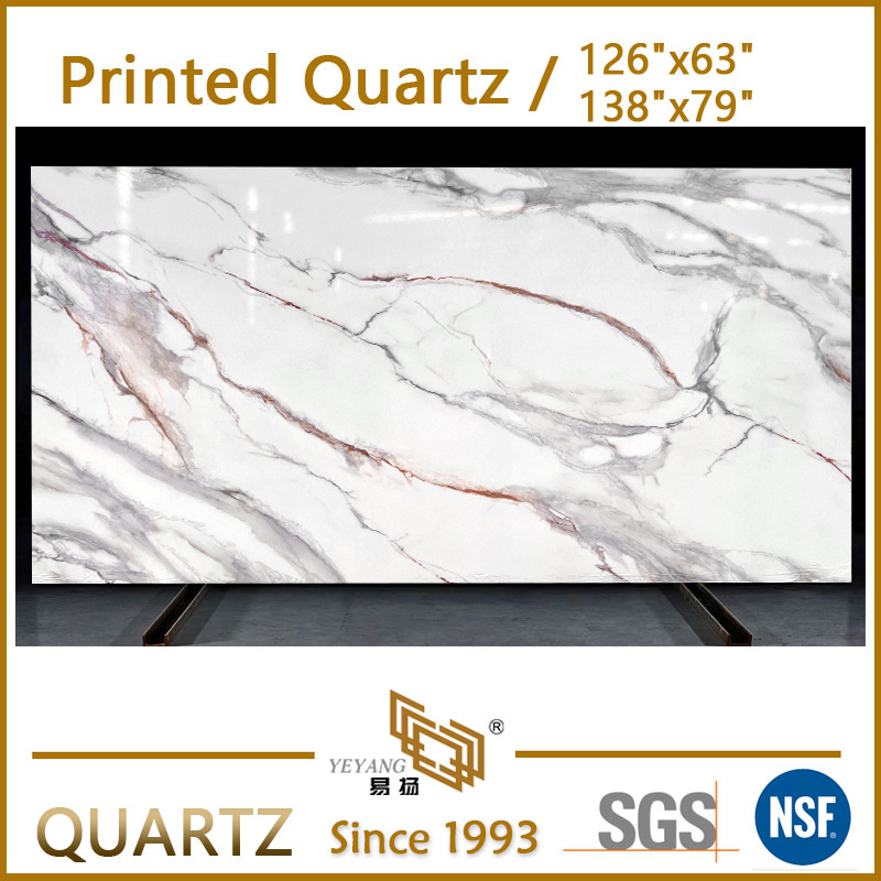 Calacatta White Quartz Slab with Flowing Grey Red Veins for Luxurious Spaces K11019S