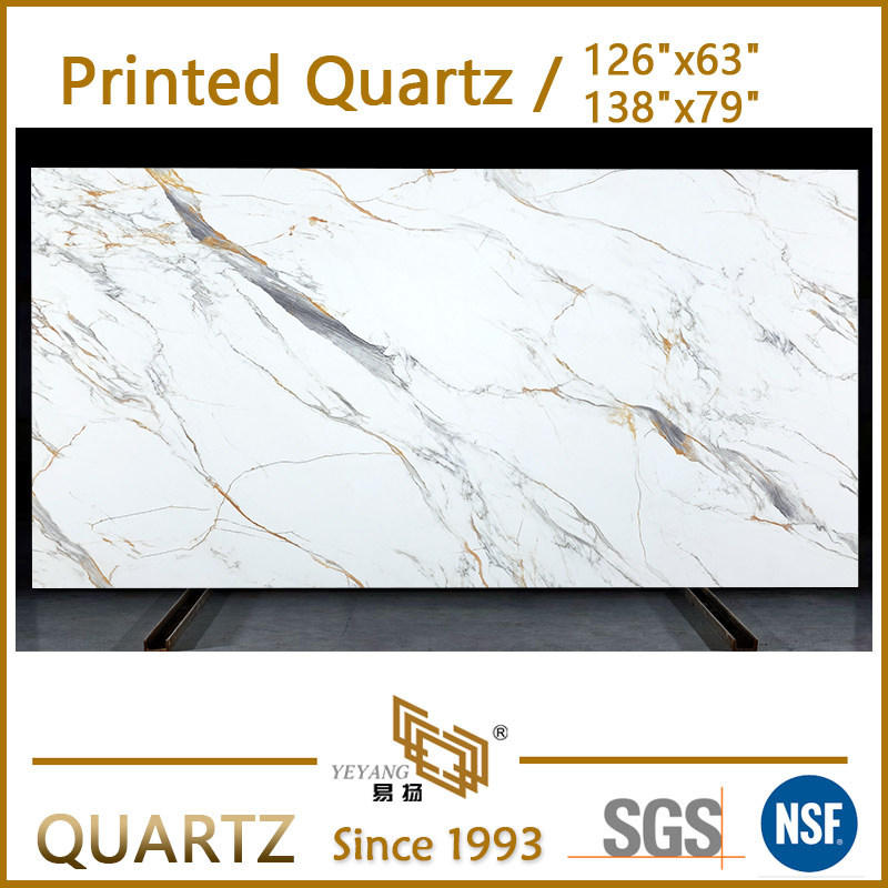 White Onyx-Look Printed Quartz Slabs with Golden Natural Veining K11033S