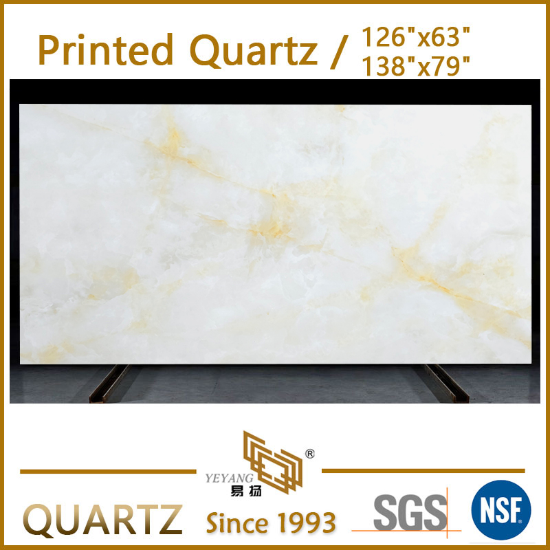 White Onyx-Look Printed Quartz Slabs with Golden Natural Veining K11033S