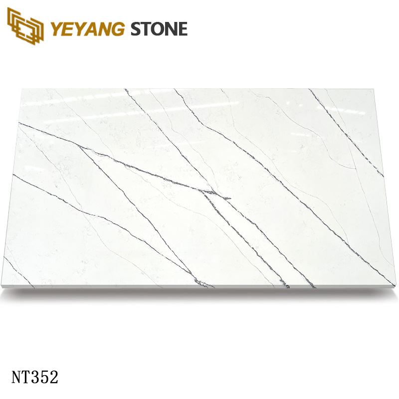 Simple Style White Quartz Slabs With Grey Linear Veins
