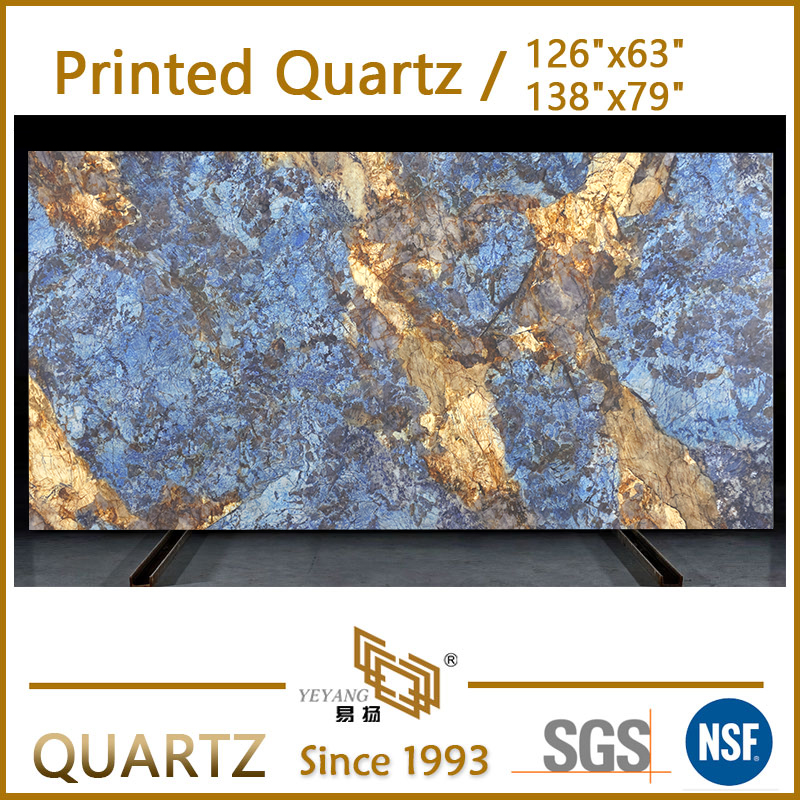 Luxury Blue Printed Quartz Slabs with Bold Gold Veins