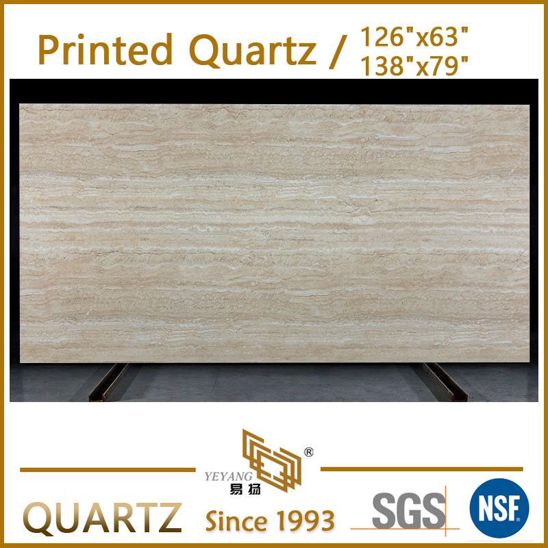 Wooden Travertine Look Printed Quartz Slabs for Beige Interior