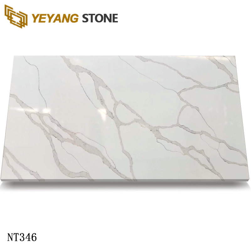 Grey Linear Veins White Calacatta Quartz Slabs for Kitchen Countertop