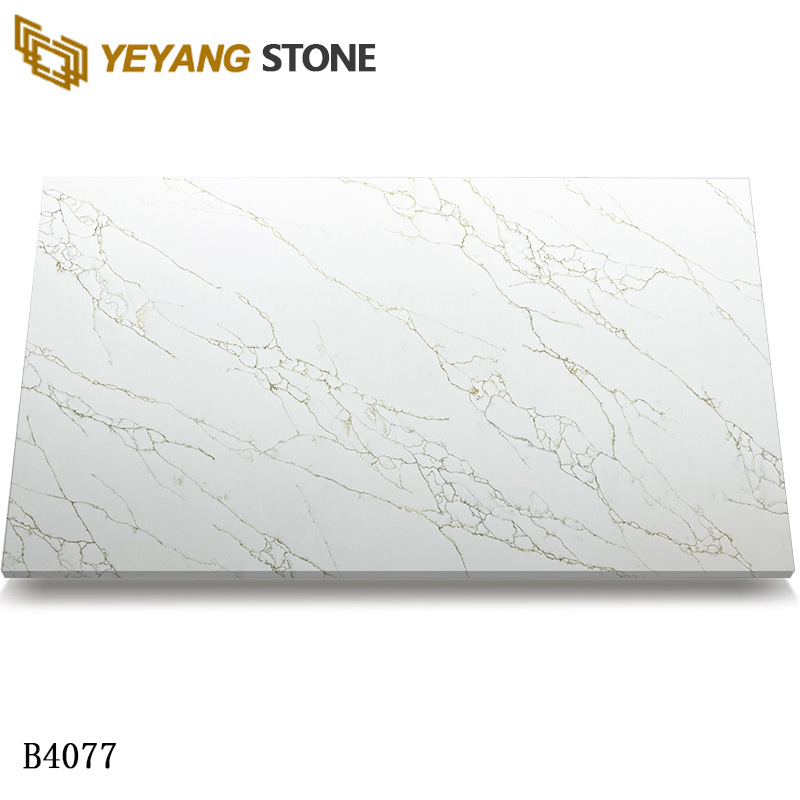 Warm Gold-green Veining White Calacatta Quartz Slabs