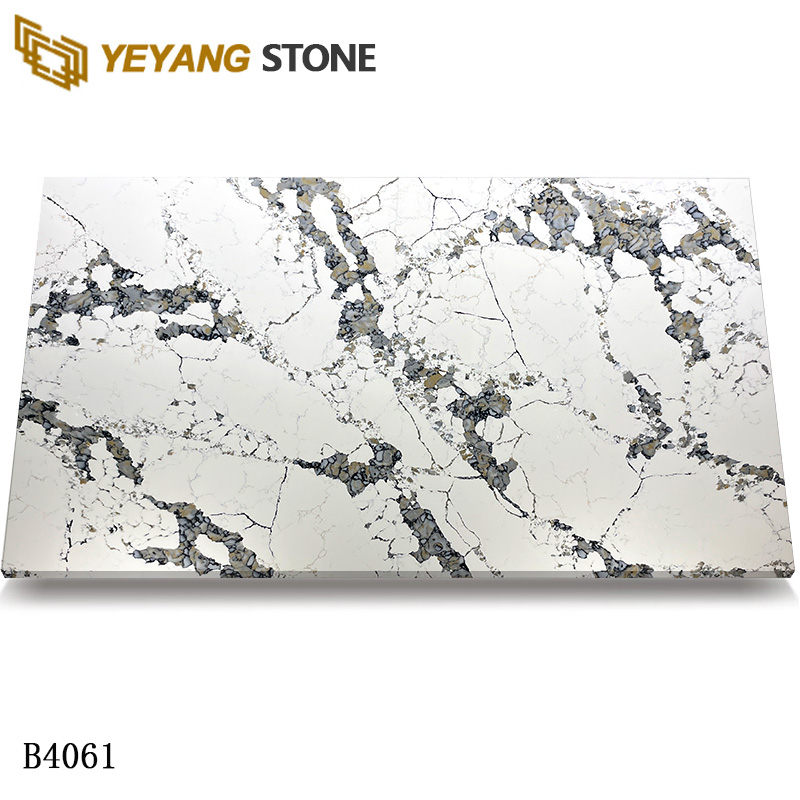 Warm-Tone Arabescato Look Engineered Quartz Slabs With Dark Grey Veins
