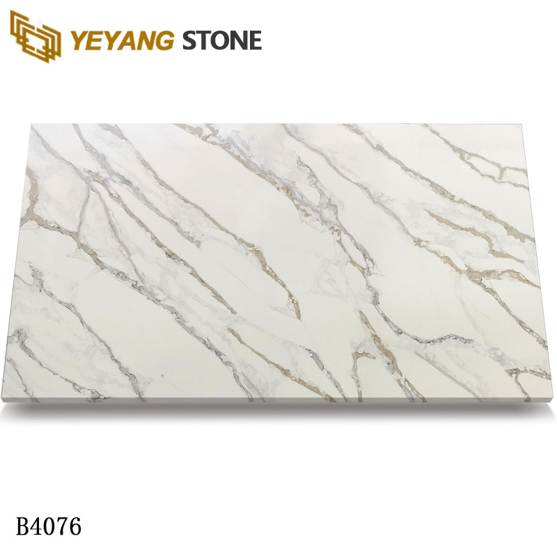 Warm Tone Calacatta Gold Quartz Slab With Grey Veins