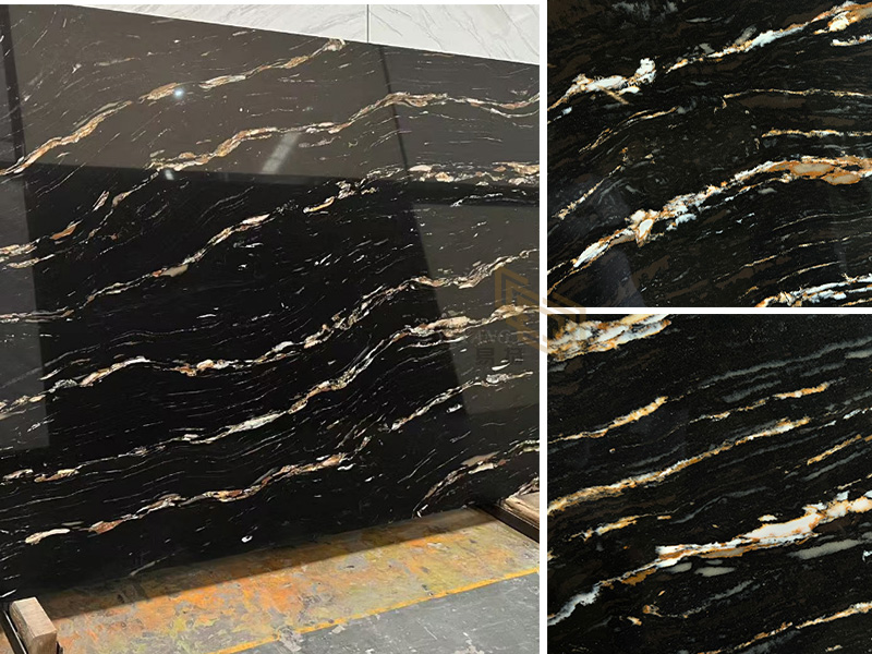 Engineering Order Shipped to Sydney B4093 Natural Quartzite-Look Golden Veins Black Quartz Slabs