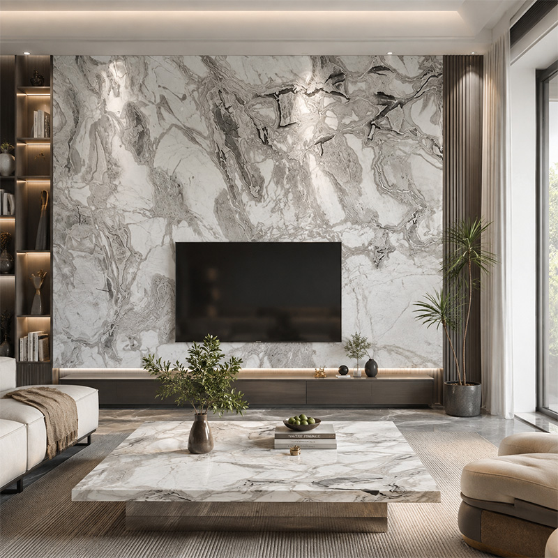 Fendi White Marble Slab With Fluid Grey Veins
