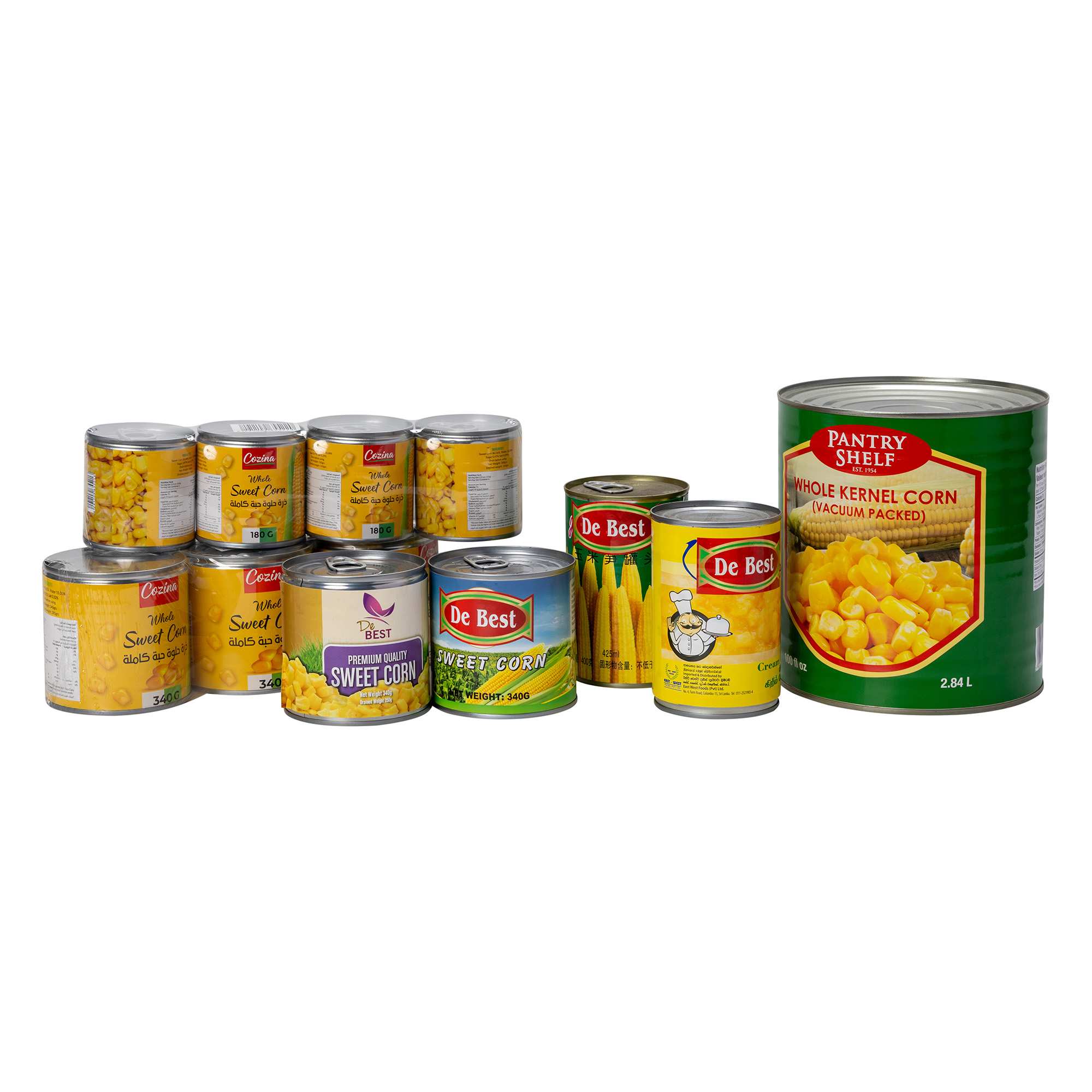 ขนาดบรรจุภัณฑ์และยี่ห้อต่างๆ ข้าวโพดหวานบรรจุกระป๋อง โออีเอ็ม