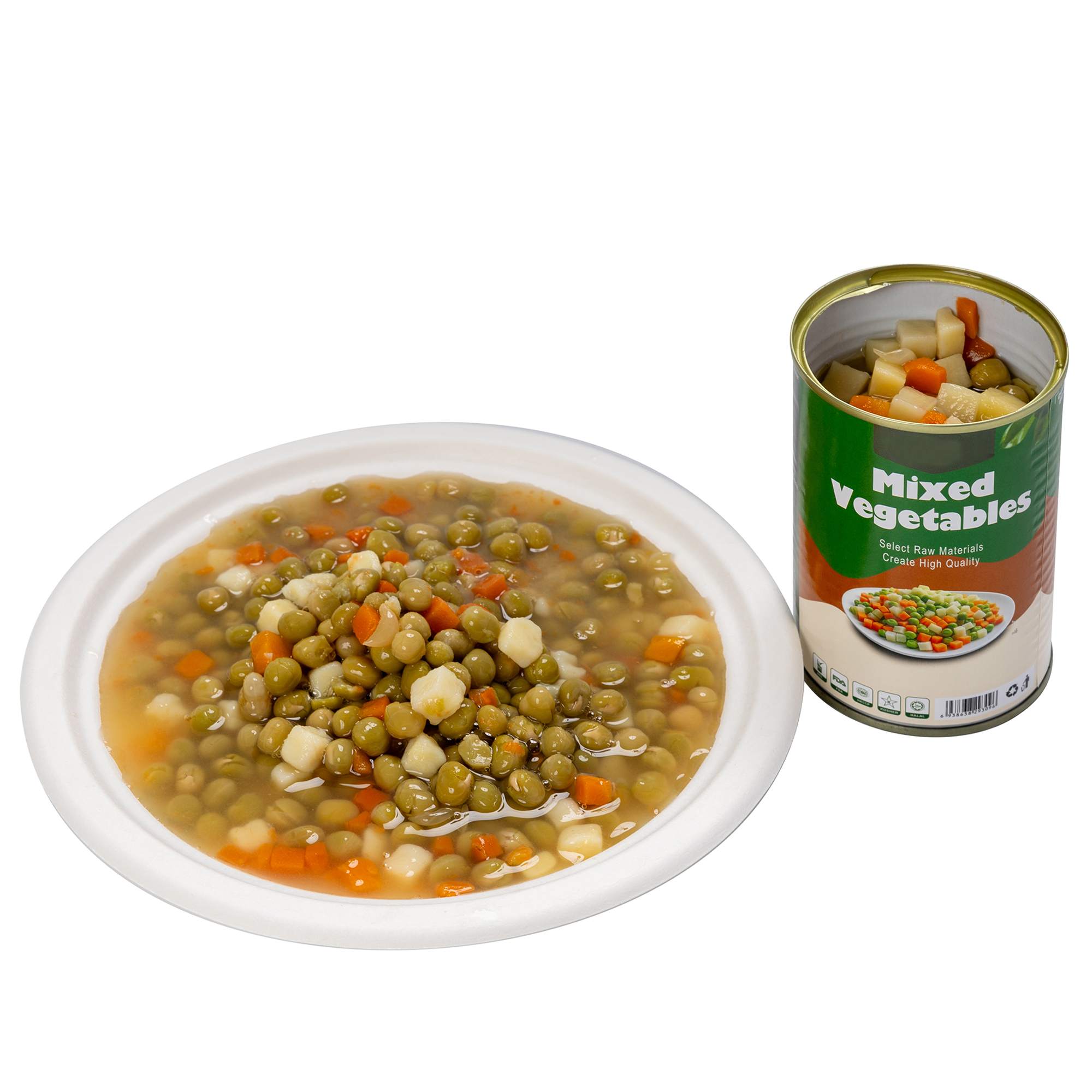 Gemüsemischung aus der Dose: Erbsen, Karotten und Kartoffeln