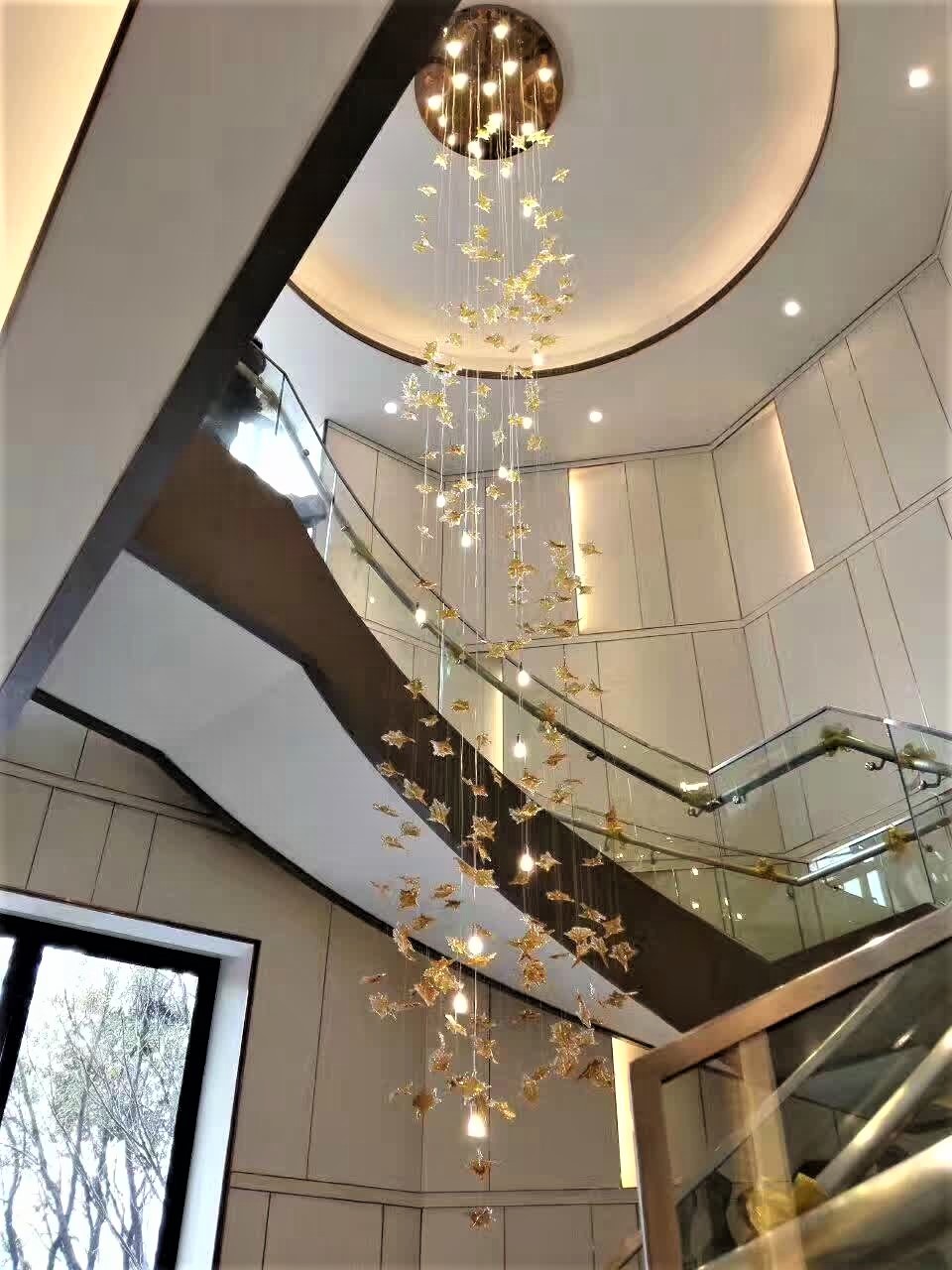 Luxury Design Spiral Staircase glass maple leaves Chandeliers