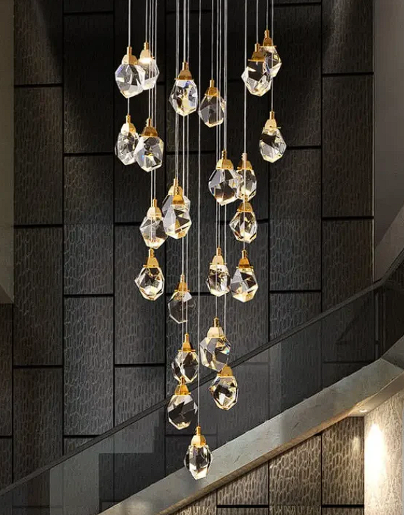 Modern crystal chandelier for high-ceiling stairwells