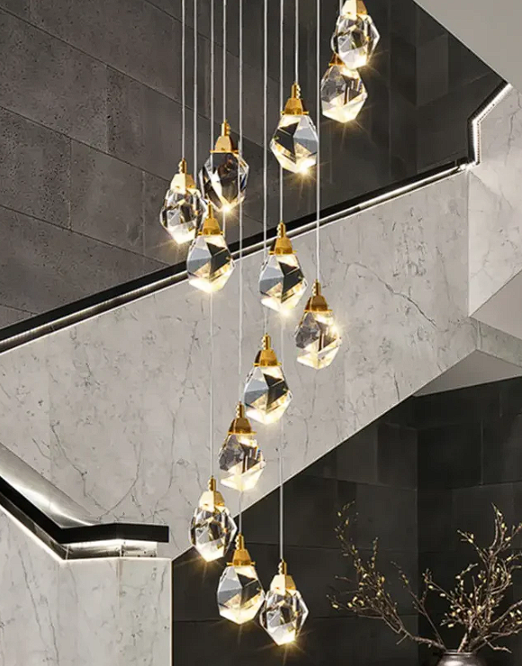 Modern crystal chandelier for high-ceiling stairwells