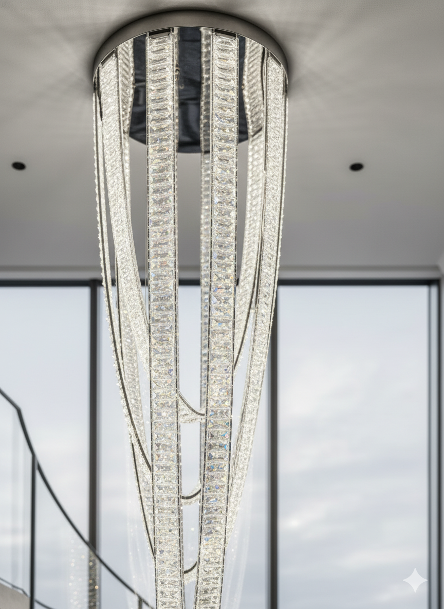 Curved crystal ribbon staircase chandelier