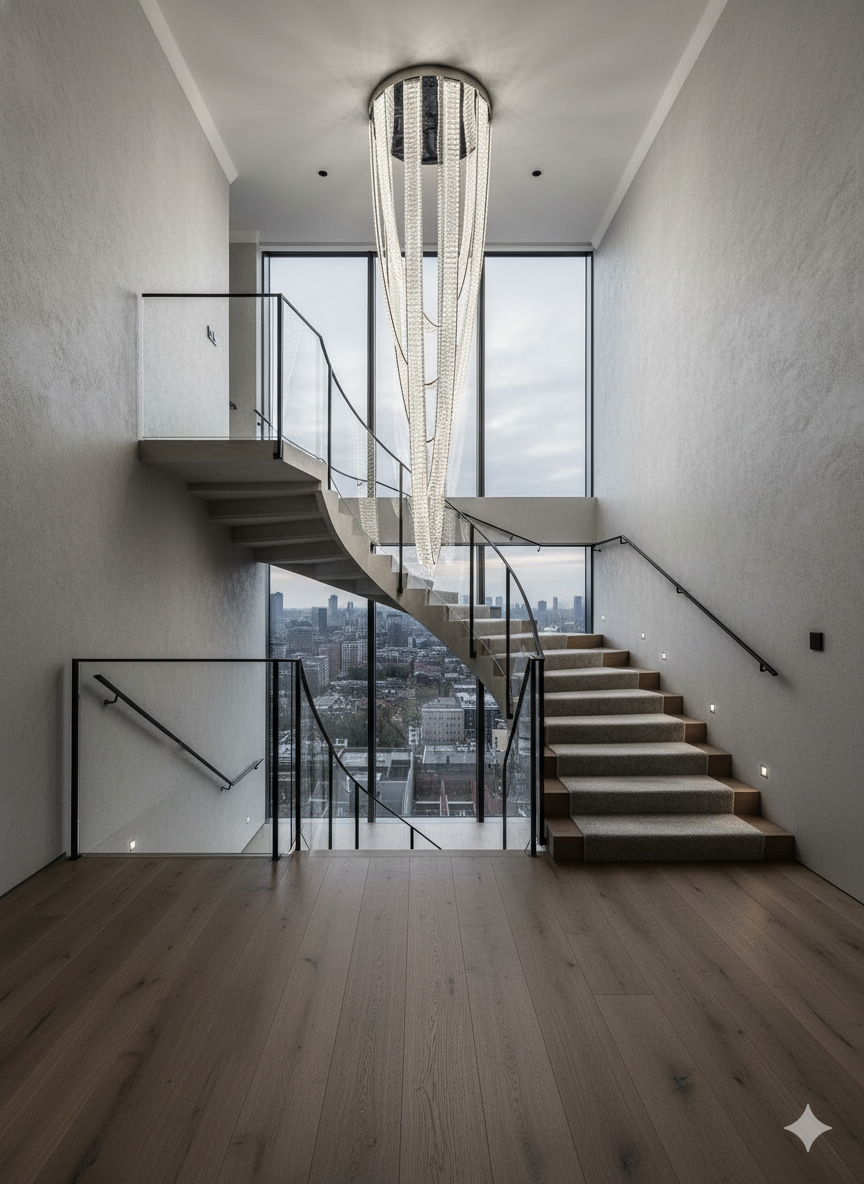Curved crystal ribbon staircase chandelier