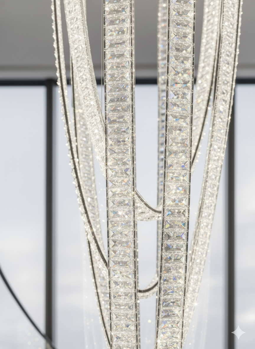 Curved crystal ribbon staircase chandelier