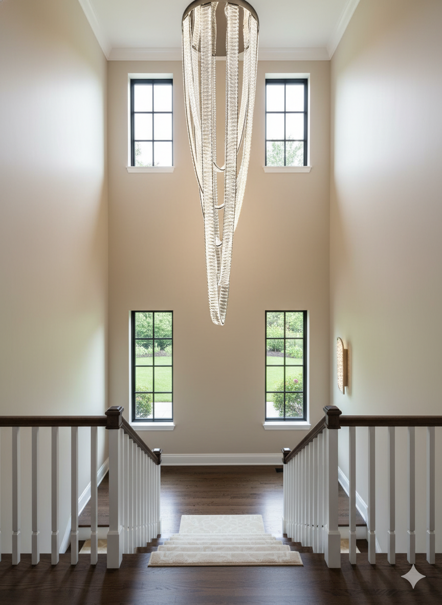 Curved crystal ribbon staircase chandelier