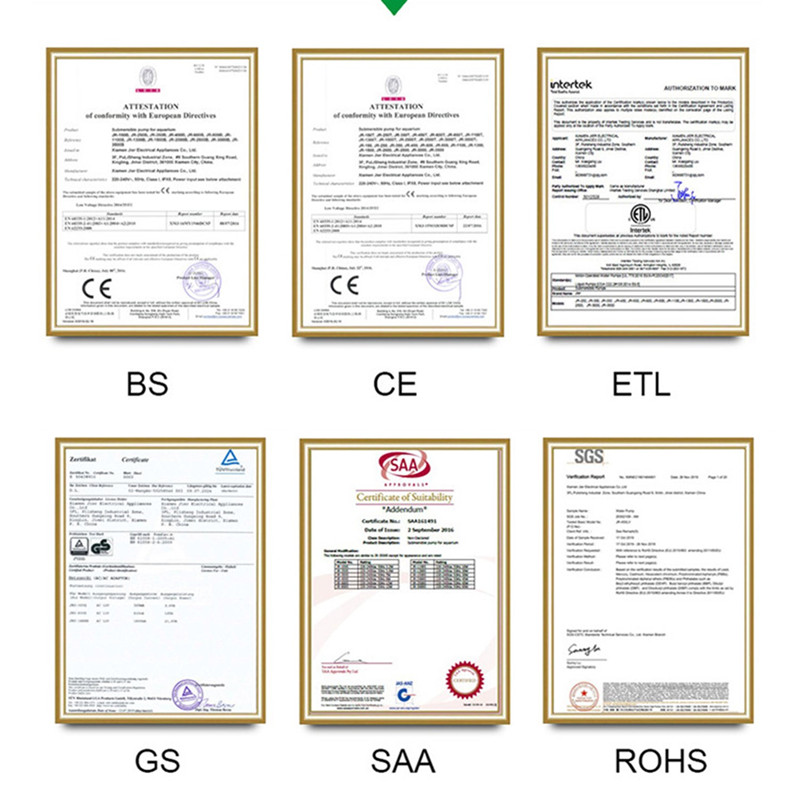 Наше пумпе су сертификоване са УЛ, ЕТЛ, ЦЕ, САА, УКЦА, РОХС, ЕМЦ