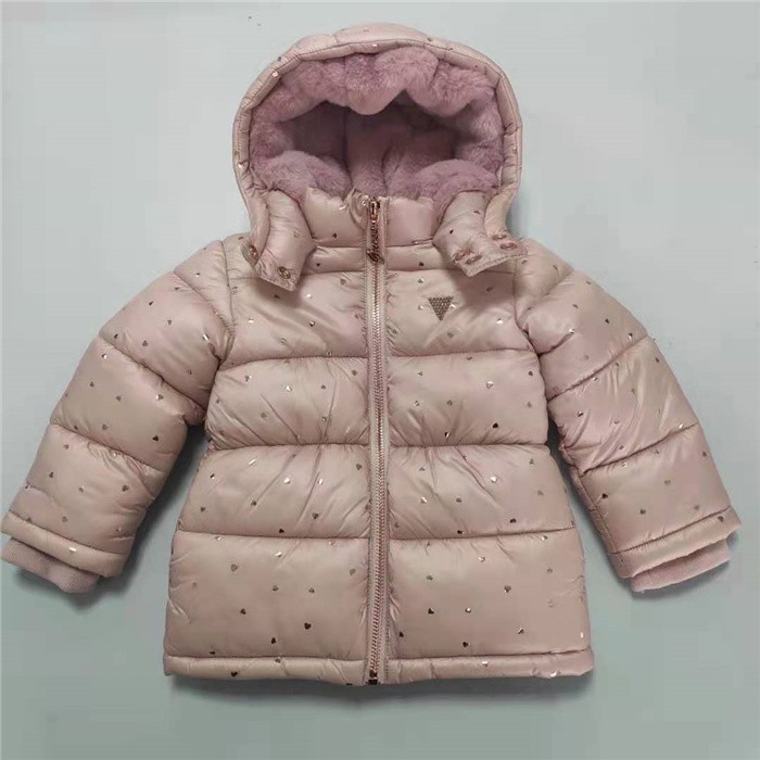 Стеганое пальто с принтом для девочки Розовое с капюшоном и курткой