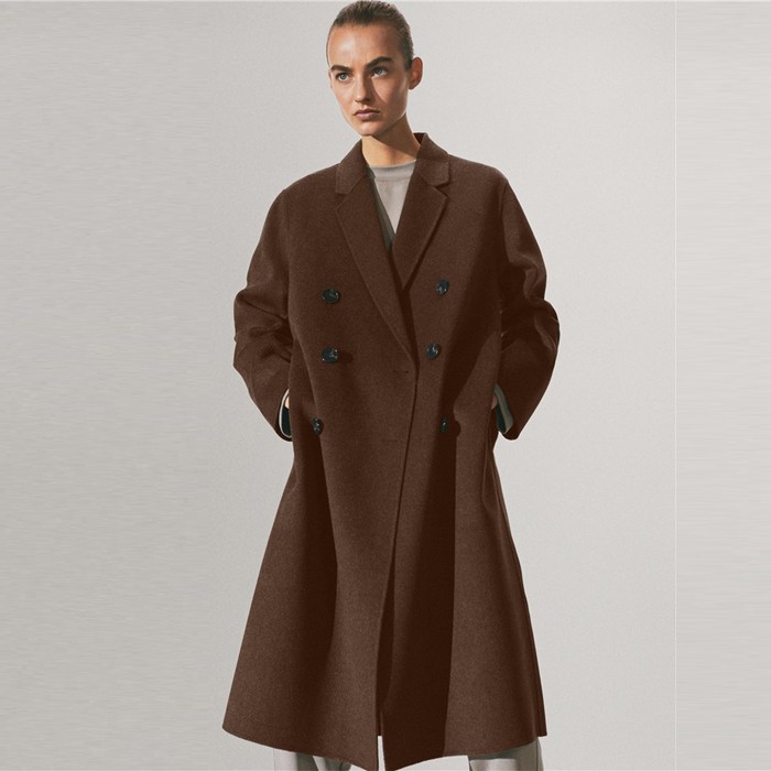 Женское длинное коричневое длинное пальто из шерсти ручной работы из шерсти оверсайз, женское