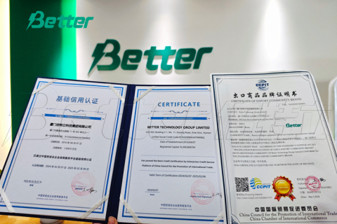 Better Tech Group a remporté le « Certificat de marque de produits d'exportation de Chine » et la « Certification de crédit de base »