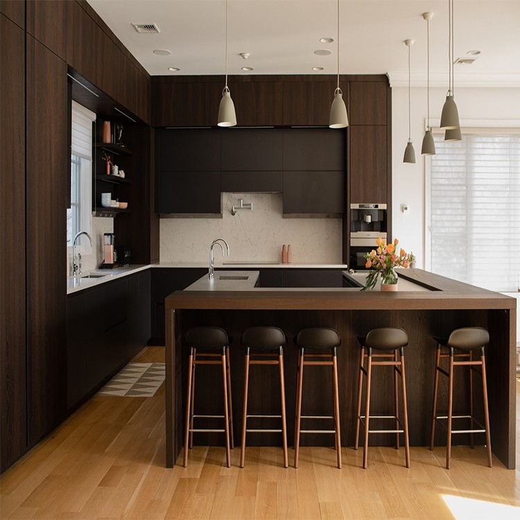 Modern Black Wood Grain Melamine Kitchen Cabinets Design For Sale