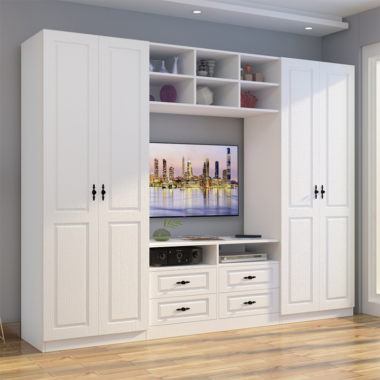 Modern Bedroom White PVC MDF Wood Wardrobe with TV Cabinet Designs