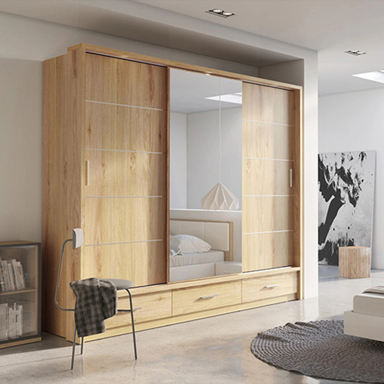 غرفة نوم حديثة بثلاثة أبواب منزلقة من خشب الميلامين مع تصميم مرآة خلع الملابس