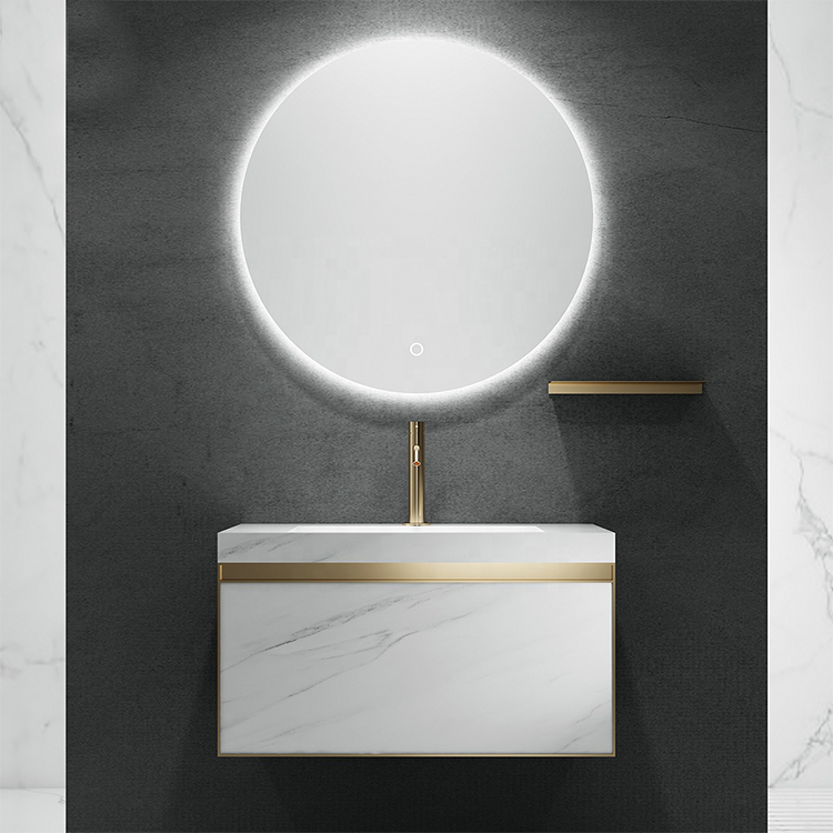 Modern White and Gold Wall Mount Single Sink Bathroom Vanity Vabinet Design with LED Lights Mirror