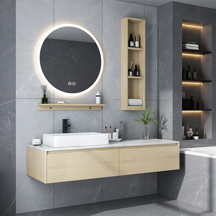 Modern Hotel Wall Hung Melamin MDF Wood Bathroom Vanities Cabinets Set Deisgn