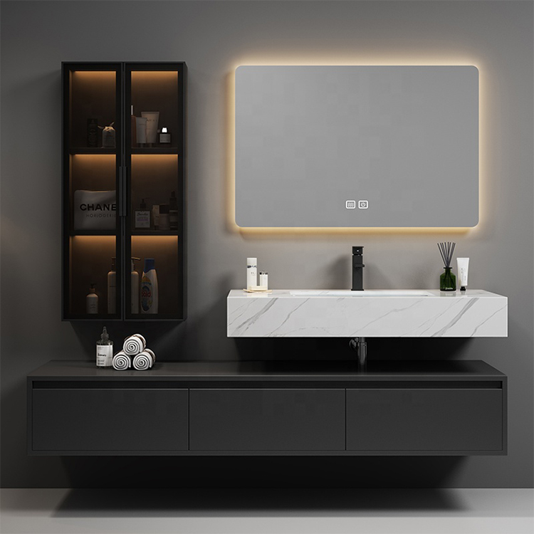 Cenografia de mobiliário de banheiro flutuante preto e dourado moderno personalizado