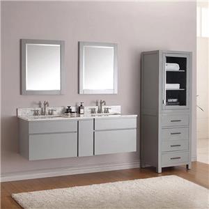 Modern Floating Double Sink Gray Bathroom Vanity Cabinet Set with Marble Tops