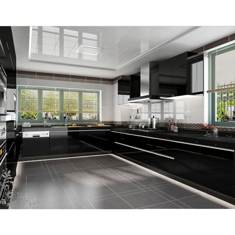 Design de armário de cozinha moderno em laca preta de alto brilho