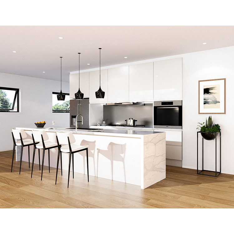 Diseños de gabinete de cocina de madera con acabado de laca de alto brillo blanco moderno personalizado