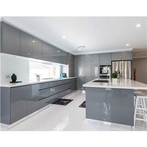 Design de armário de cozinha de laca com acabamento de alto brilho moderno de cor cinza