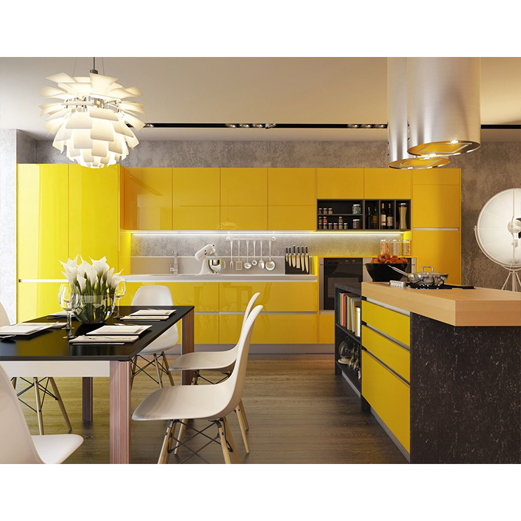 Design de armário de cozinha moderno em laca amarela de alto brilho