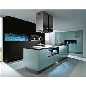 การออกแบบตู้ครัวไม้เคลือบเงาสีน้ำเงินสูงทันสมัย