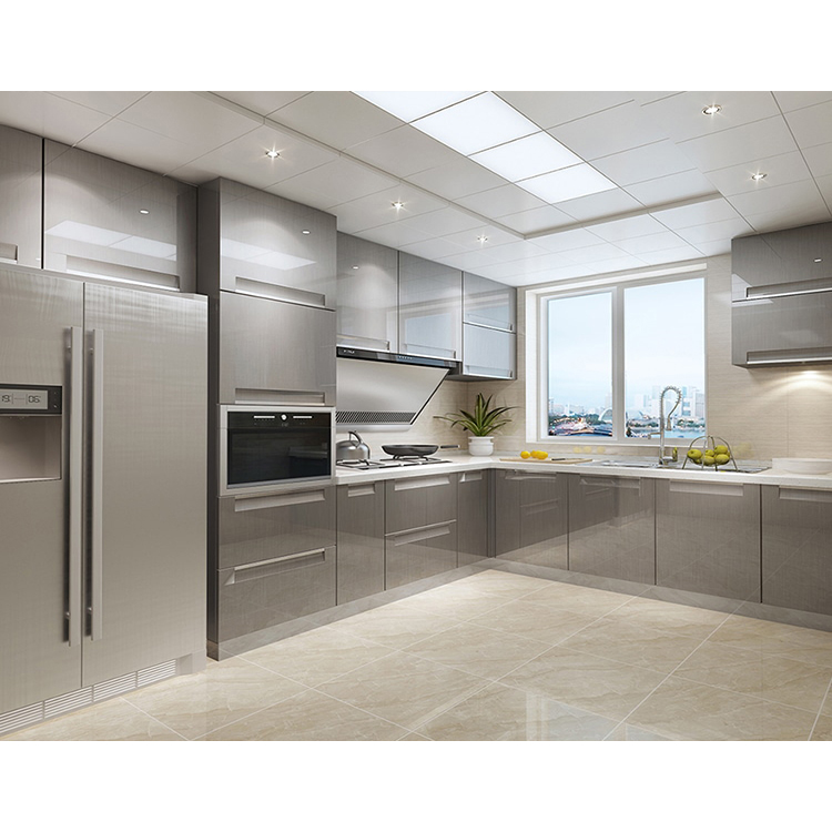 Design moderno de armários de cozinha em laca cinza claro de alto brilho