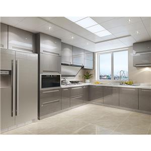Diseño de gabinetes de cocina de laca de alto brillo gris claro moderno