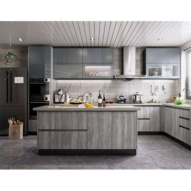 تصميم خزانة مطبخ حديثة باللون الرمادي من الميلامين MDF
