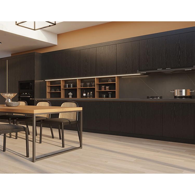 Modern Black Wood Grain Melamine Kitchen Cabinets Design For Sale