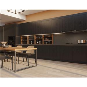 Design moderno de armários de cozinha de melamina grão de madeira preta para venda