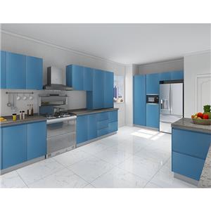 تصميم خزائن مطبخ أكريليك حديث عالي اللمعان باللون الأزرق