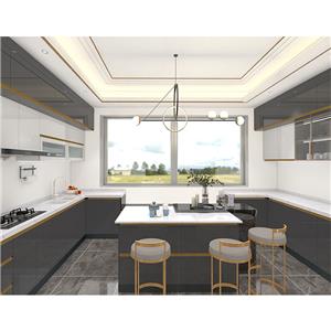 Diseño de gabinete de cocina con acabado en acrílico de alto brillo blanco moderno