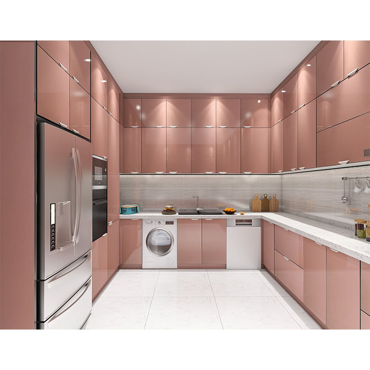 Design de armário de cozinha moderno com painel de vidro rosa