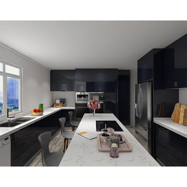 Design moderno de armário de cozinha com painel de vidro preto cinza escuro brilhante
