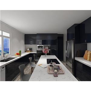 Diseño de gabinete de cocina brillante con panel de vidrio negro gris oscuro moderno
