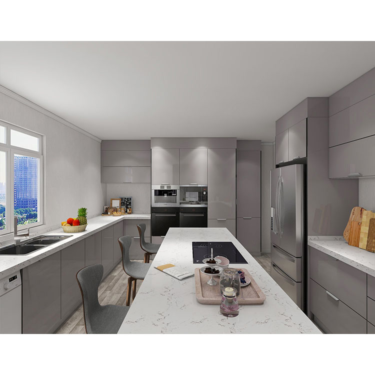 Design de armário de cozinha com painel de vidro cinza moderno