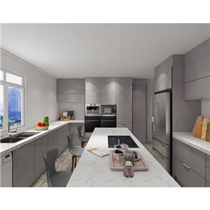 Diseño moderno de gabinete de cocina con panel de vidrio gris