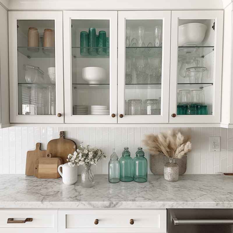 how to style glass kitchen cabinets